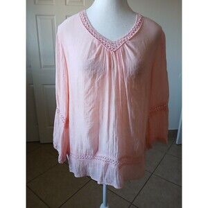 Zac & Rachel‎ Petite Blouse Bell Sleeve Crochet Coral V Neck Bohemian size PL